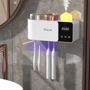 iHave Toothbrush Holders with UV Toothbrush Sanitizer, Aromatherapy Diffuser & IR Night Light - 4-Hour Smart Cruise Disinfection, Auxiliary Combo Drying - Wall-Mounted Bathroom Organizer with 2 Cups (White 2 Cup)