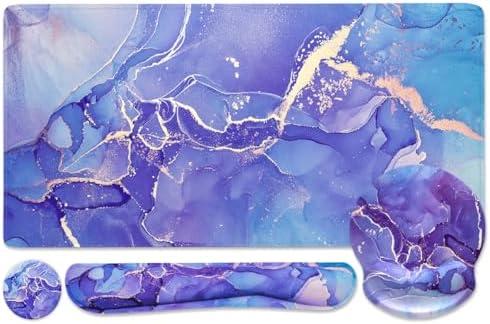 2-in-1 Gaming Mouse Pad Wrist Support Set，Desk Pad + Mouse Pad with Wrist Rest + Keyboard Wrist Rest + Coaster, Ergonomic Design for Home Office Study Game - Purple Marble