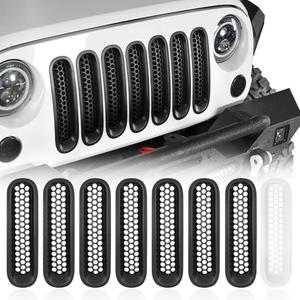 Hooke Road Matte Black Grill Inserts Front Mesh Grille Cover for 2007-2015 Jeep JK Wrangler & Unlimited Wrangler Accessories (7PCS Black + 1PCS White)