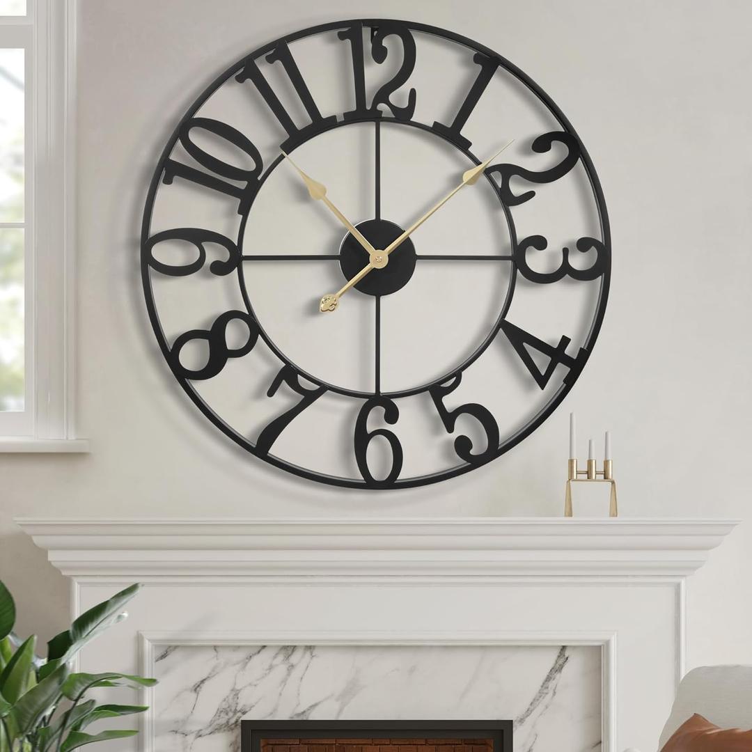 LEIKE Large Wall Clock, 18.5" Silent Non-Ticking, Battery Operated, Oversized, Decorative Retro Black Metal Clock for Living Room,Farmhouse, Dinner Room,Indoor, Outdoor(47cm, Black Arabic Number), 19 Inch