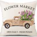 Spring Easter Pillow Covers 18x18 Set of 2 Rabbit Bunny Carrot Truck Spring Flowers Decorative Throw Pillow Covers for Home Office Sofa Bed Couch
