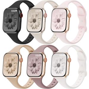 6 Pack Thin Bands Compatible with Apple Watch Band 44mm/45mm/46mm/49mm Women Men, Sport Silicone Strap Slim Wristband for iWatch Series 11 10 9 8 SE 7 6 5 4 3 2 1 Ultra