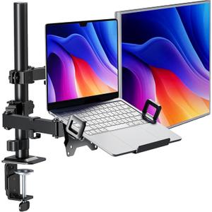 monTEK Monitor Mount and Laptop Stand for Desk, Adjustable Height Monitor Arm Fit up to 32 inch Screen and 17 inch Laptop, Hold up to 22lbs Weight, C-Clamp and Grommet