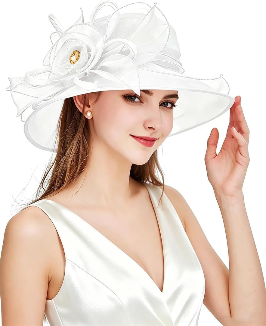 Women Derby Fascinator Hat Organza Church Wedding Hats Wide Brim Cocktail Tea Party Hat (White, S)