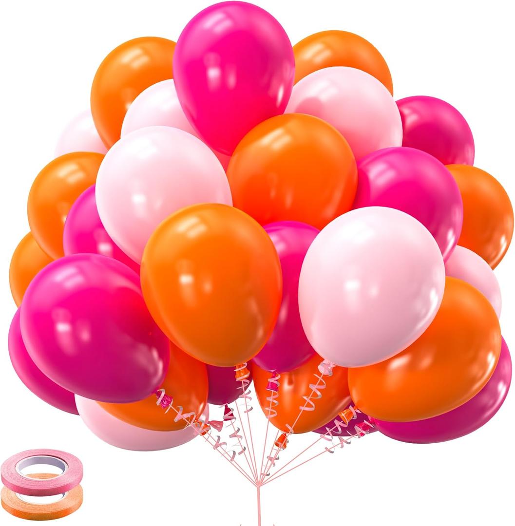 Kelfara Pink and Orange Balloons 60PCS 12 inch Orange Hot Pink Light Pink Latex Balloons with Ribbons for Birthday Baby Shower Wedding Graduation Tropical Party Decoration