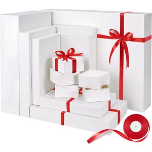 Bobobag 13 Pack White Gift Boxes with Lids for Presents, Assorted size Gift Boxes for Christmas ( 3 Extra large 17",3 Large 14.25",3 Medium 11",4 Small 4" ,Red Ribbon ), 4 inch Deep Box for Wrapping Robe Scarf Mug.