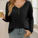 Tankaneo Womens V Neck Henley Shirts Casual Long Sleeve Flowy Tees Cute Loose Fit Tops with Pocket (Medium, Black)