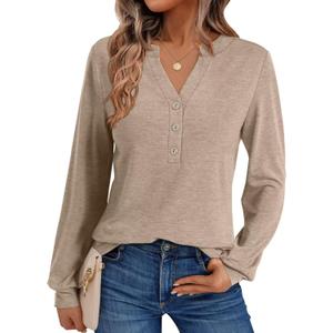 EasyGala Womens V Neck Long Sleeve Shirts Henley Dressy Casual Tops Loose Fit Trendy Tees Fall T Shirts Outfits 2025 (Beige, M)