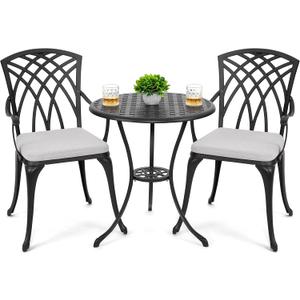 NUU GARDEN Bistro Set 3 Piece Outdoor Cast Aluminum Patio Bistro Set Patio Table and Chairs Set of 2 with Umbrella Hole and Gray Cushions, Black