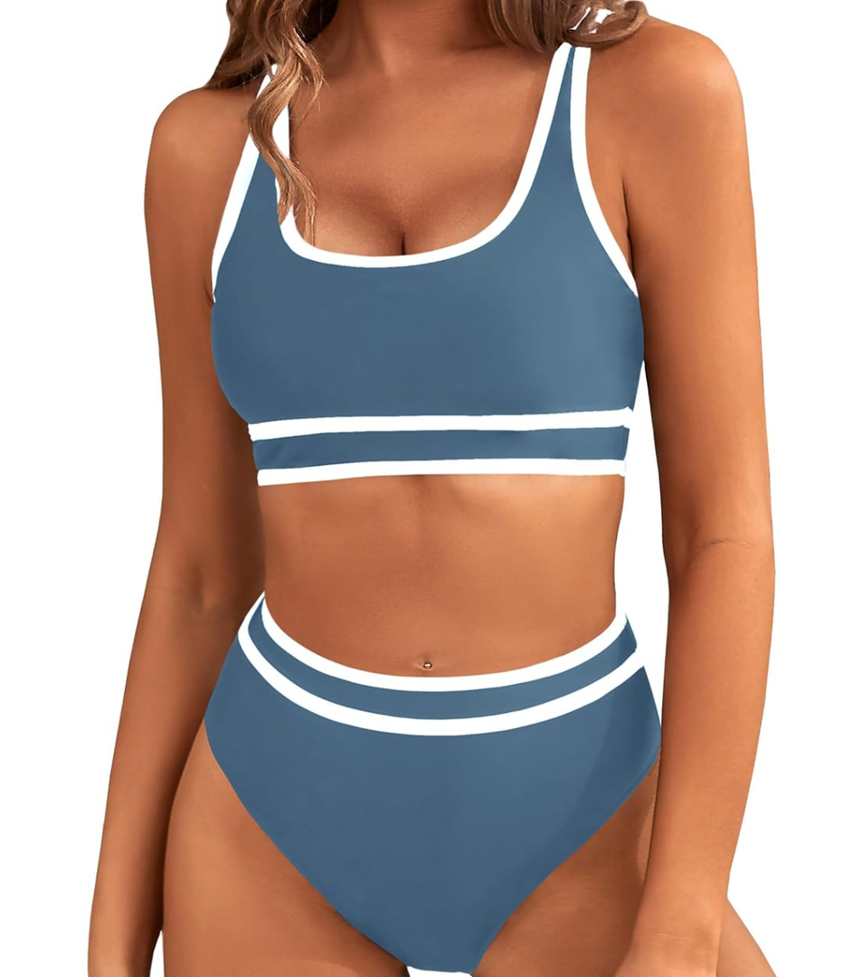 BMJL Women's High Waisted Bikini Sets Sporty Two Piece Swimsuits Color Block Cheeky High Cut Bathing Suits L