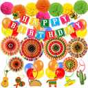 Fiesta Mexican Themed Happy Birthday Banner Paper Pompoms Mexico Fans Fiesta Decorations Balloons Party Decorations