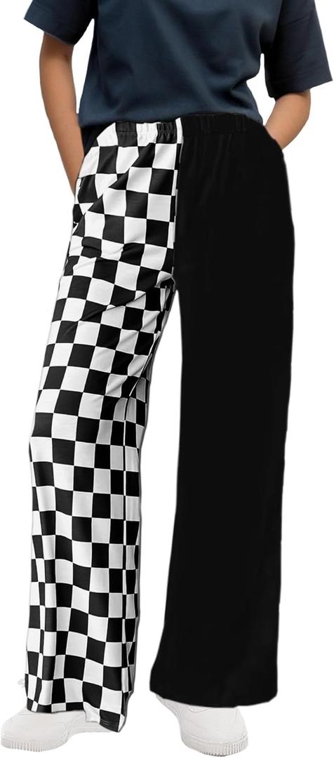 WSPLYSPJY Women's Casual Checkered Pants Elastic Waist Comfy Loose Wide Leg Pants with Pockets, (Colorblock-black White Checked), S