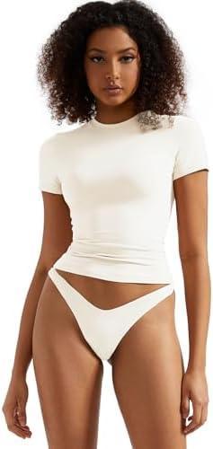 SUUKSESS Women Double Lined Fitted Basic Tee Crew Neck Short Sleeve Y2K Crop Top, Beige, Small