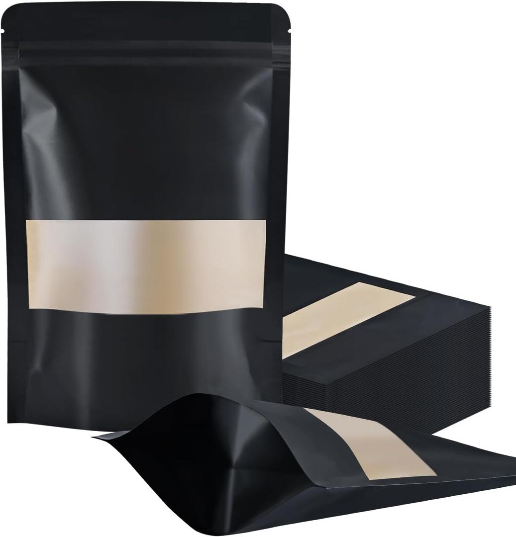 FireKylin 100 Pcs Resealable bags,5.5" x 7.9" Stand Up Black Paper Bags with Matte Window, Zipper Food Storage Bags for Packaging Products, Reusable, Sealable