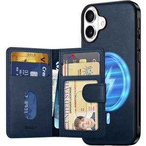 SHIELDON Genuine Leather Case for iPhone 16 Plus + Removable Magnetic RFID Blocking Wallet with 6 Card Holder, Minimalist Wireless Charging Cover Compatible with iPhone 16 Plus 6.7" - Nappa Navy Blue
