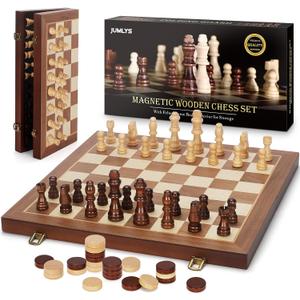 2 in 1 Magnetic Chess Set & Checkers Board Game, 15" Wooden Folding Chess Board with 2 Extra Queens, Portable Travel Chess Set with Pieces Storage Slots, Beginner Chess Board Game for Adults & Kids