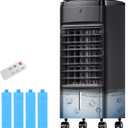 NOMEY Evaporative Air Cooler, 3-IN-1 Air Conditioner Portable for Room w/ 4 Modes & 3 Speed, 12H Timer, 1 Gal Detachable Water Tank, 4 Ice Packs, Remote, 70 Oscillation Air Cooler for Bedroom Indoor Black