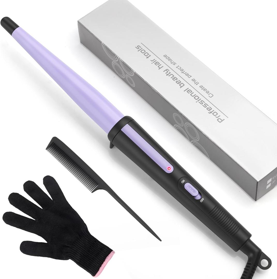 Hair Curling Iron, Tapered Curling Wand, Professional 0.5-1Inch Ceramic Hair Curler Wand with Heat-Resistant Glove, Dual Voltage (Purple)