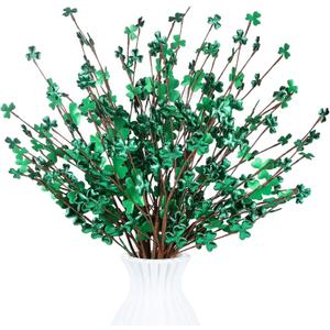 8 Pcs St Patricks Day Decorations 17'' Foam Artificial Shamrock Picks Clover Shaped Green Berry Branches Lucky Clover Floral Stem Gifts for Irish Festival Party Table Centerpieces Home Decor