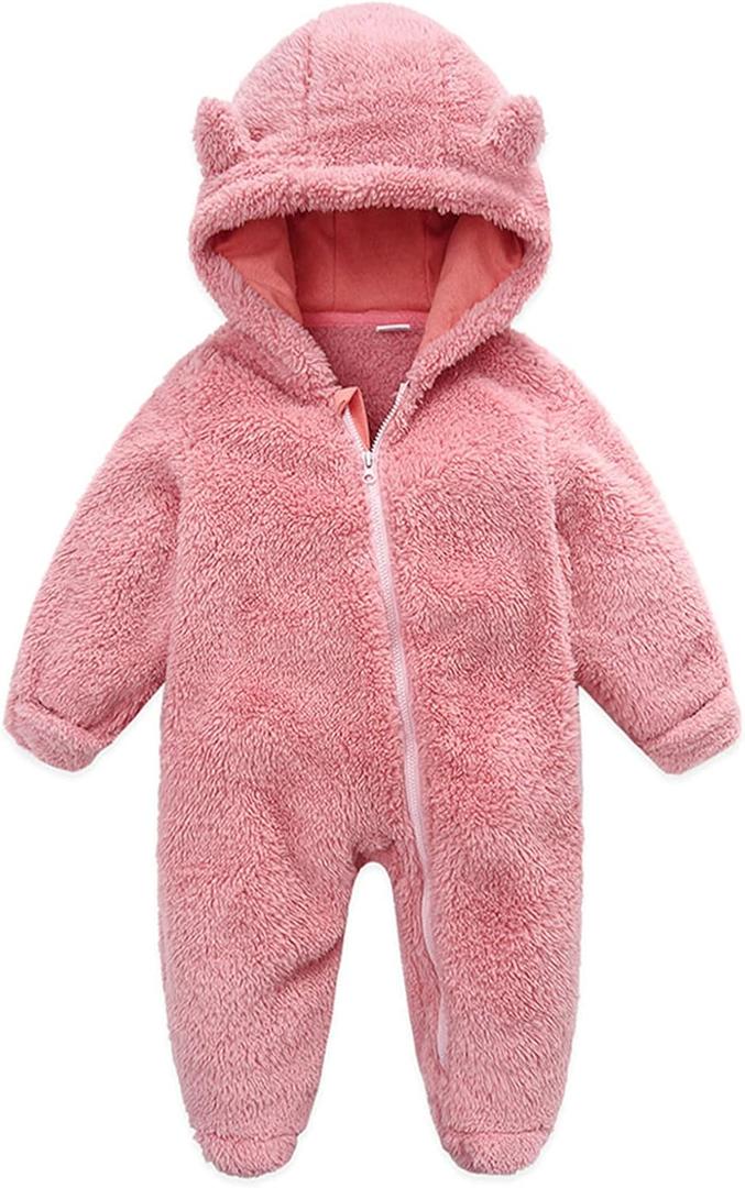 Baby Furry Jumpsuit Infant Bear Onesies Zipper Long Sleeve One-Piece Romper Hoodie Baby Outwear Snowsuit (0-3 Months, Pink-footed)