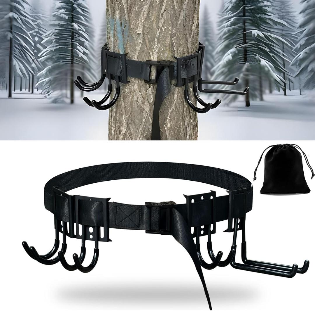 Treestand Strap Gear Hangers, Multi-Hook Accessory Holder for Bow Hanger, Tree Stand Accessories Holder with 8 Hooks, for Gears Bow Quiver Backpack Tree Saddle Bottle, with Storage Bag (Black1)