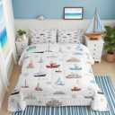 Nautical Sailboat Comforter Set Twin Size,Sea Transportation Ships Bedding Set 2Pcs,Boat Anchor Rudder Print Quilt Set,Kids Boys Girls Teens Room Decor,Blue Red White Duvet Insert,1 Pillowcase