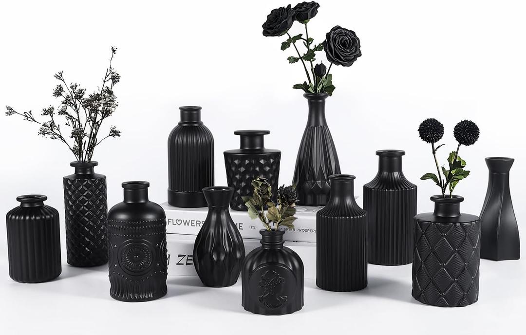 TBWIND 12pcs Glass Black Bud Vases Set, Small Vases for Flowers, Bud Vase for Centerpieces in Bulk, Mini Vintage Vase for Rustic Wedding Decorations, Office and Home Table Flower Dcor