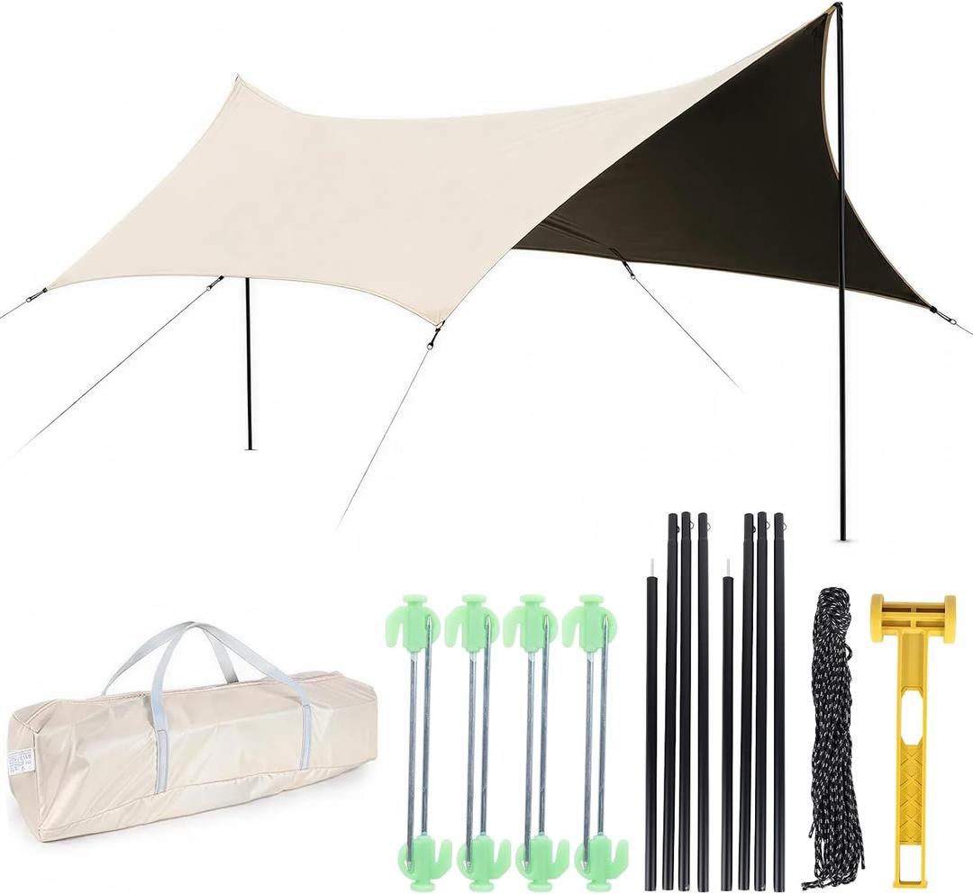 Waterproof Camping Tarp Hammock Rain Fly -14.7×9.8ft with 2 Poles, Mutifunctional Tent UV Protection & Waterproof & Lightweight Tarp, for Camping, Outdoor, Traveling, Hiking (Hexagon, Khaki), Hexagon 3x4.5m