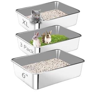 Bartuke 3 Pack Stainless Steel Litter Box, 23.6" x 15.7"x 6" XL Metal High Sided Cat Litter Pan, Extra Large Stainless Steel Box Splash-Proof and Non-Stick Cat Poop Box odorless