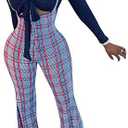 Ophestin Womens Sexy Off Shoulder Tie Crop Top Plaid Print Bell Pants Suspenders Set 2 Piece Outfits Jumpsuits Overalls, XL