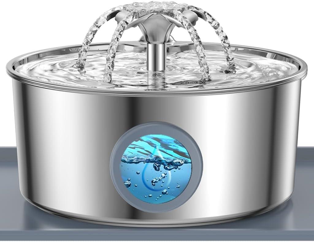 Stainless Steel Cat Water Fountain with Silicone Mat & 2 Filters, 108oz/3.2L Automatic Pet Water Dispenser for Cats Dogs, Quiet Indoor Metal Drinking Bowl, Dog Fountains, Waterer