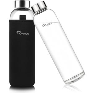 Ryaco Borosilicate Glass Water Bottle 33oz/1L/1000ml BPA-Free Leak Proof Ideal for School Home Office Travel Sport Yoga Gym Hot Cold Drinks with Portable Neoprene Carrying Sleeve and Sponge Brush (33.8 Ounces, Black)