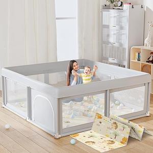 50 x 50 inch Baby Playpen with Mat Small Playpen for Babies and Toddlers Baby Fence Playards, Dark Gray + Mat