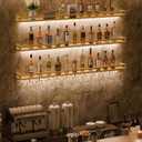RGB LED Wall Mount Wine Rack, 48" 3-Tier Bar Shelf with Glass Holder, Gold