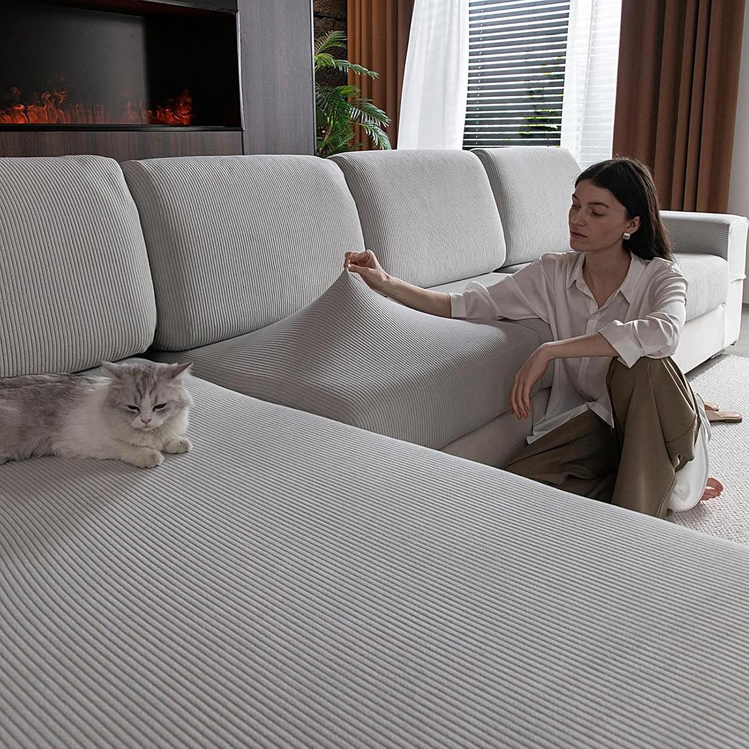 Sectional Couch Covers, Wear Resistant Stretch Sofa Covers Washable Soft Couch Cushion Covers Anti Slip Furniture Protector Sofa Slipcovers for Pets (3 Pieces 3 Seaters Cover, Light Gray)