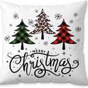 Merry Christmas Tree Pillow Covers 18x18, Winter Home Decor, Red and Green Plaid Leopard Xmas Tree Snowflake Decorative Pillow Covers for Couch Sofa Bedroom Living Room Home (Style02)