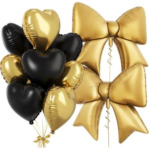 Black Gold Heart Balloons, Foil Bow Balloons, 10Pcs 18 Inch Heart Shaped Balloon and 38 Inch Helium Gold and Black Bow Foil Balloon for Birthday Valentines Baby Shower Wedding Anniversary Decor