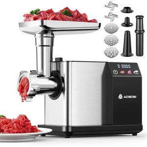 AAOBOSI Meat Grinder Electric 3000W Max with Touch Color Screen, Auto-Reverse & Built-in Storage - 3 Speed Settings,Grinding, Sausage & Kibbe Making for Home Use, Stainless Steel (Silver)