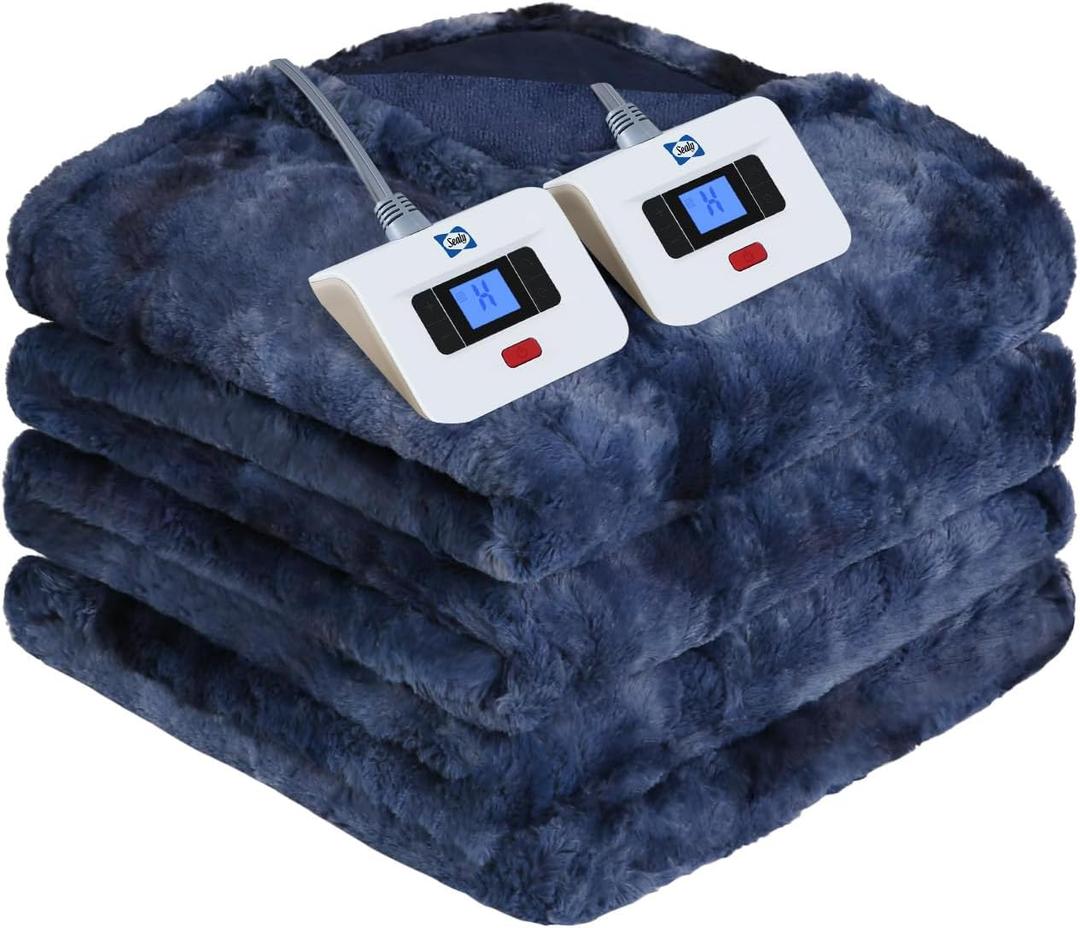 Sealy Electric Heated Blanket Queen Size, Faux Fur & Flannel Fast Heating Blanket with 10 Heat Setting & 1-12 Hour Auto Shut Off, Machine Washable, Navy Blue, 84 x 90 Inch (Indigo)