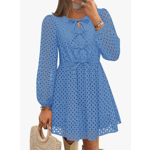 ZESICA Women's Long Sleeve Mini Dress 2025 Fall Crewneck Tie Front Hollow Out Eyelet Babydoll A Line Short Dresses XL