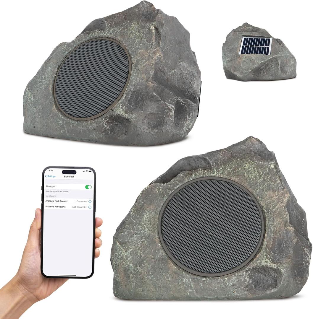 Homewell Outdoor Rock Speaker Solar-Powered Wireless Bluetooth 5.0 Portable Speaker Weatherproof for Patio, Pool, Deck, Yard, Garden and Home (Dark Grey, 2-Pack)