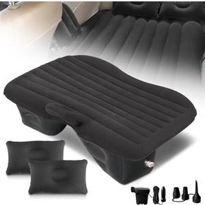 SUV Air Mattress Thickened and Double-Sided Flocking Travel Mattress,Inflatable Car Mattress with Electric Air Pump and 2 Pillows,Car Sleeping Bed for Home, Outdoor and Travel(Black)(02)