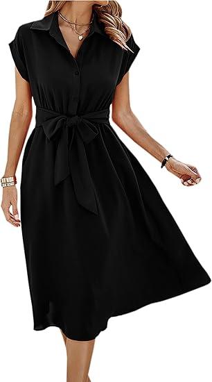 ECOWISH Womens Casual Midi Dresses Solid V Neck Short Sleeve Button Shirt Belted Dress with Pockets for Spring Summer 2025, Small