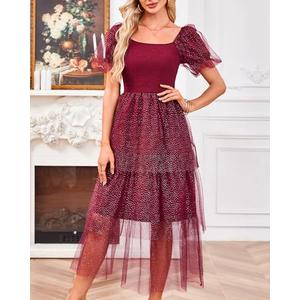 Youtalia Women's Smocked Tulle Midi Dress Tiered Shimmer Square Neck Puffy Sleeve Wedding Evening Party Dresses