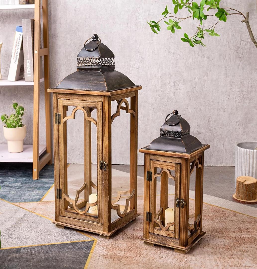 Large Farmhouse Decorative Wooden Lantern Set of 2, Rustic Brown Floor Lanterns, Indoor/Outdoor Hurricane Lanterns for Home Decor (No Glass) (Brown With Black Top)