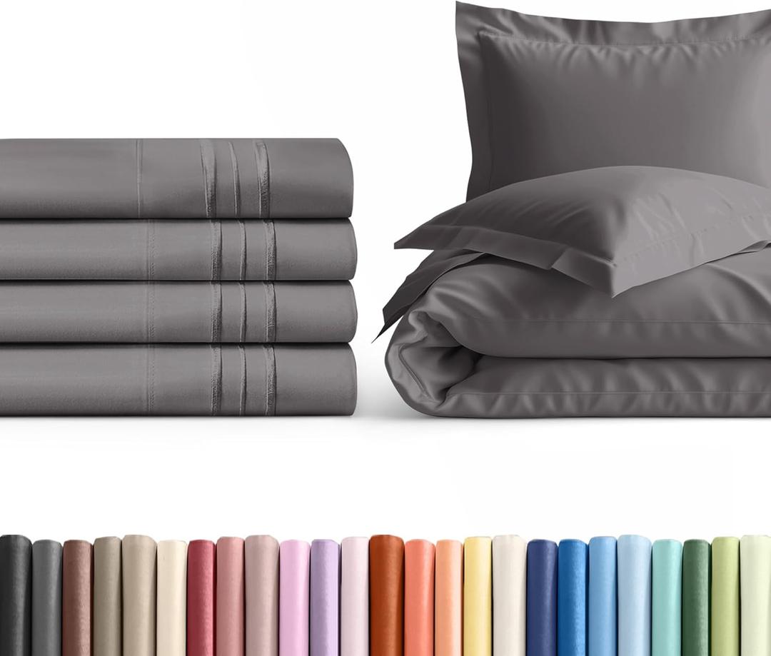 King Pillow Cases Set of 4 with Duvet Cover - Hotel Quality Pillowcase Covers - Cozy Bedding for Women, Men, Kids & Teens - Wrinkle Free Machine Washable Protectors - 4 Piece Set - King Size Dark Grey