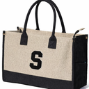 ESVAN Personalized Gifts Canvas Tote Linen Bags Handbags Top Zipper Closure Initial Retro Utility Tote, S