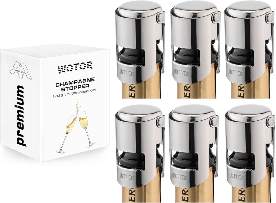 WOTOR Champagne Stoppers Stainless Steel, Prosecco Bottle Stopper with Food Grade Silicone, Reusable Champagne Cork & Saver, Leak proof Keep Fresh (Silver, 6 Pack)