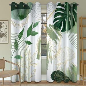 Modern Bohemian Sage Green Leaf Blackout Curtains, Mid Century Modern Minimalist Boho Olive Green Palm Window Drapes for Bedroom Living Room, 84 inch Length 2 Panels Set, 52x84 inch