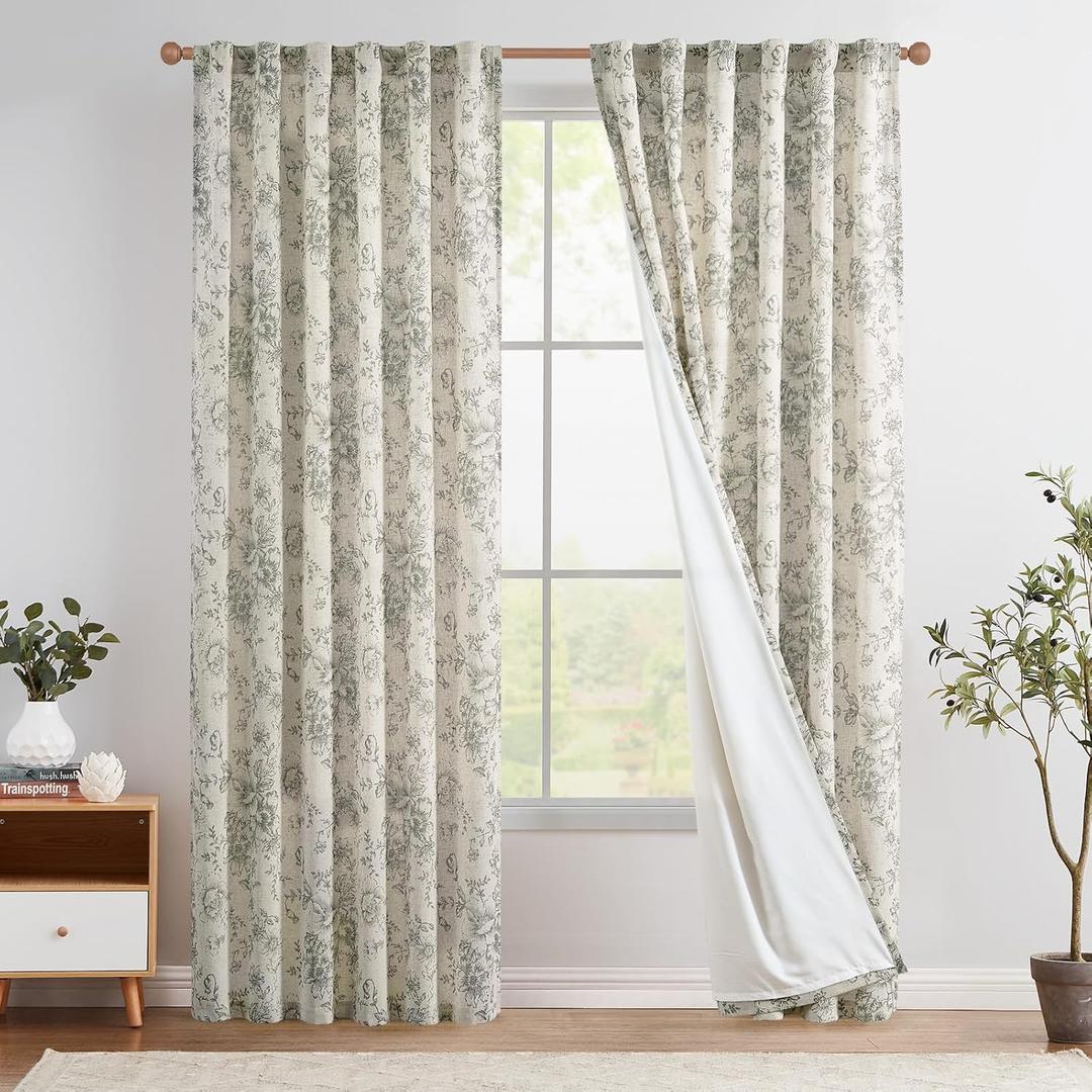 jinchan Lined Linen Blend Curtain Floral Curtains for Living Room 108 Inches Extra Long Grey Peony Flower Printed Curtain Back Tab Farmhouse Patterned Drapes Bedroom Window Curtains Set 2 Panels